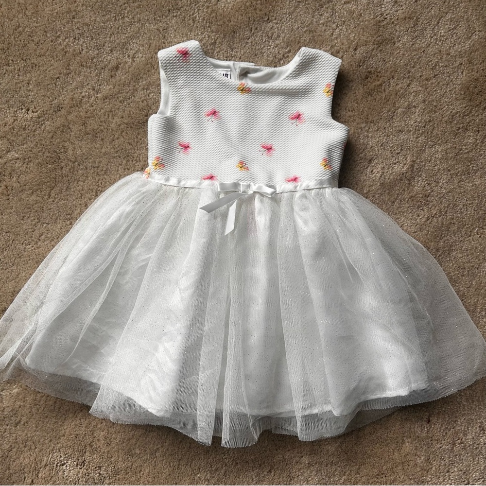 Blueberi Boulevard White Dress with Pink Floral Accents